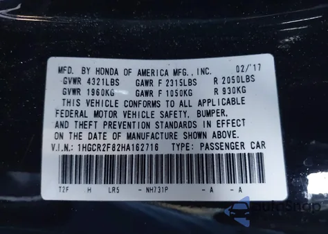 2017 Honda Accord Ex-L z USA, uszkodzony, nr VIN 1HGCR2F82HA162716